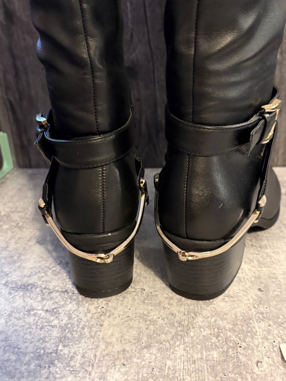 Women's Black Knee-High Buckle Boots - Picture 2 of 8